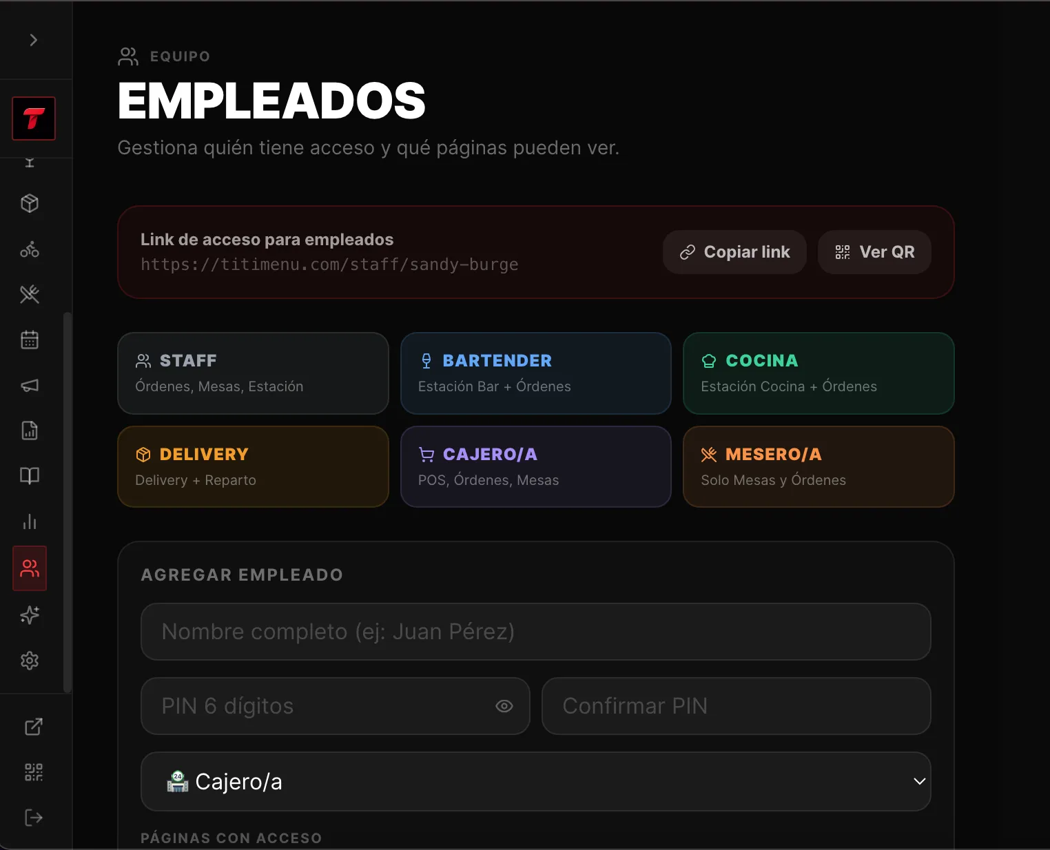 Pantalla de empleados de TitiMenu con roles y acceso por PIN