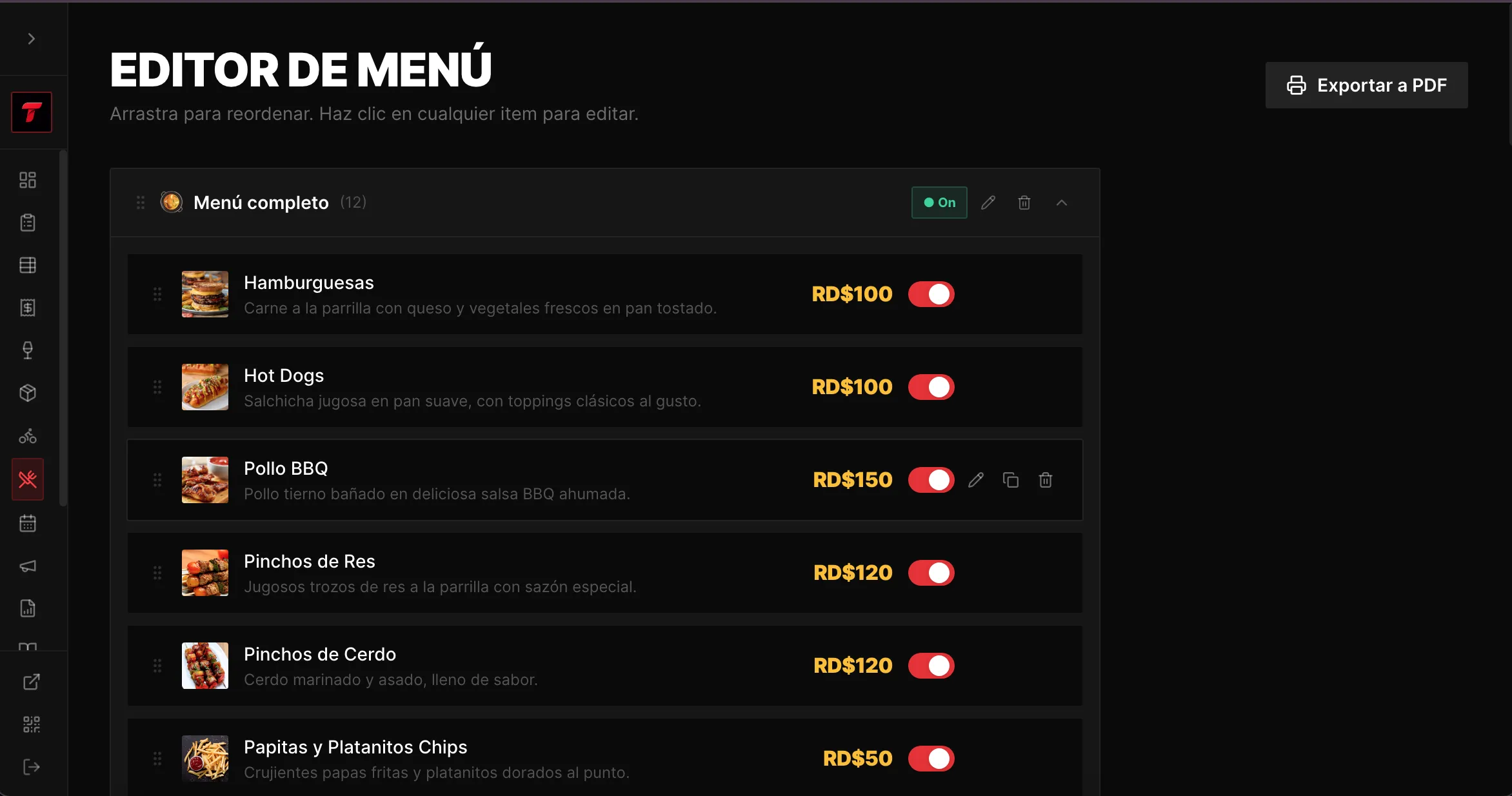 Editor de menú con toggles en vivo