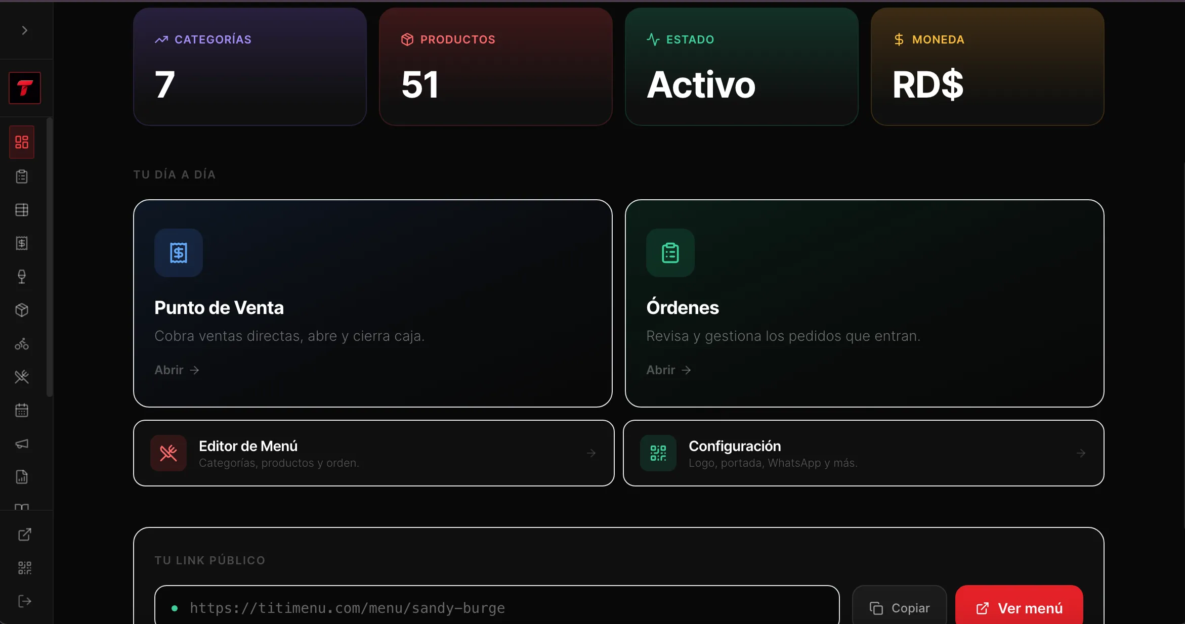 Panel de control de TitiMenu en tiempo real: ventas, órdenes y configuración de un vistazo