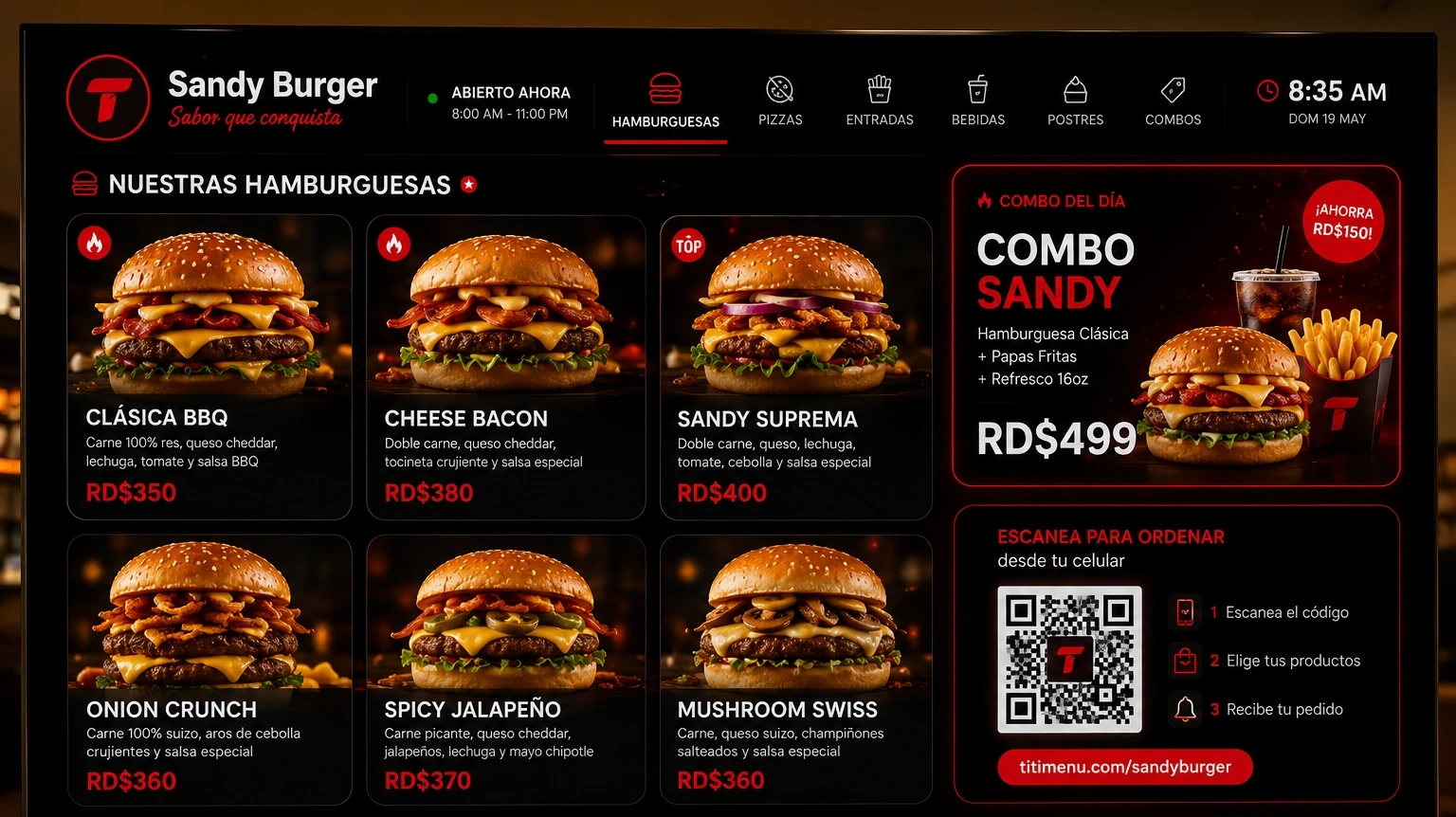 Menú digital mostrado en un televisor de restaurante: platos con foto y precio, promoción del día y código QR para ordenar desde el celular