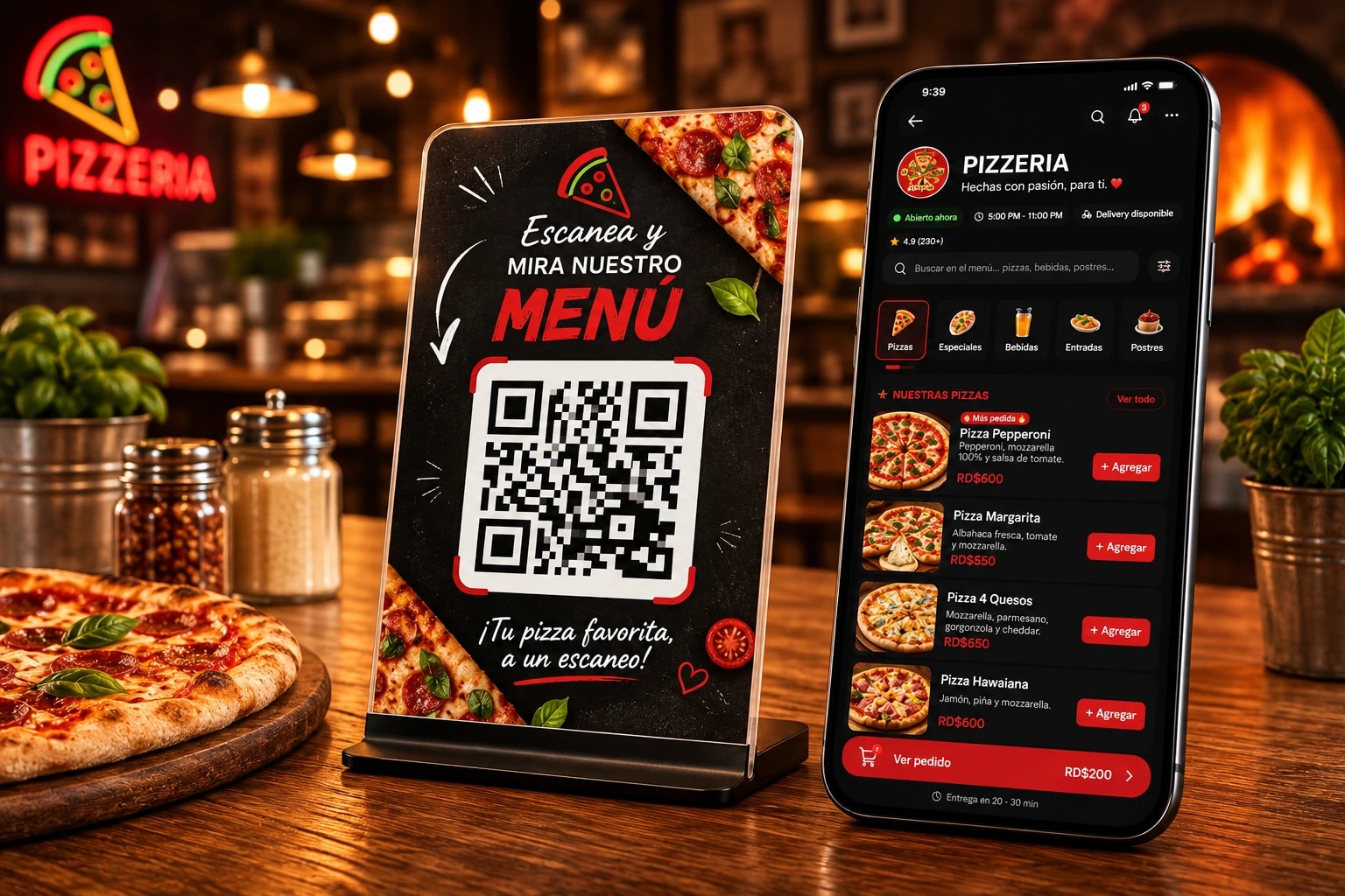 Menú digital QR para pizzería: código QR en la mesa y la carta de pizzas abierta en el celular del cliente