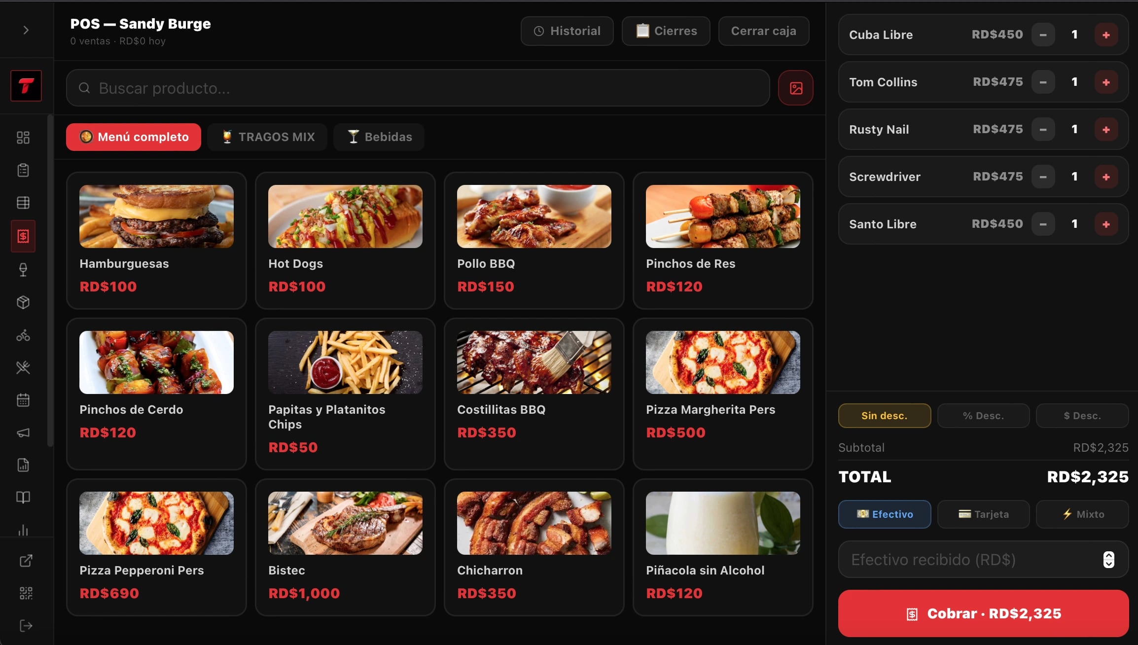TitiMenu point of sale screen with cart and payment methods